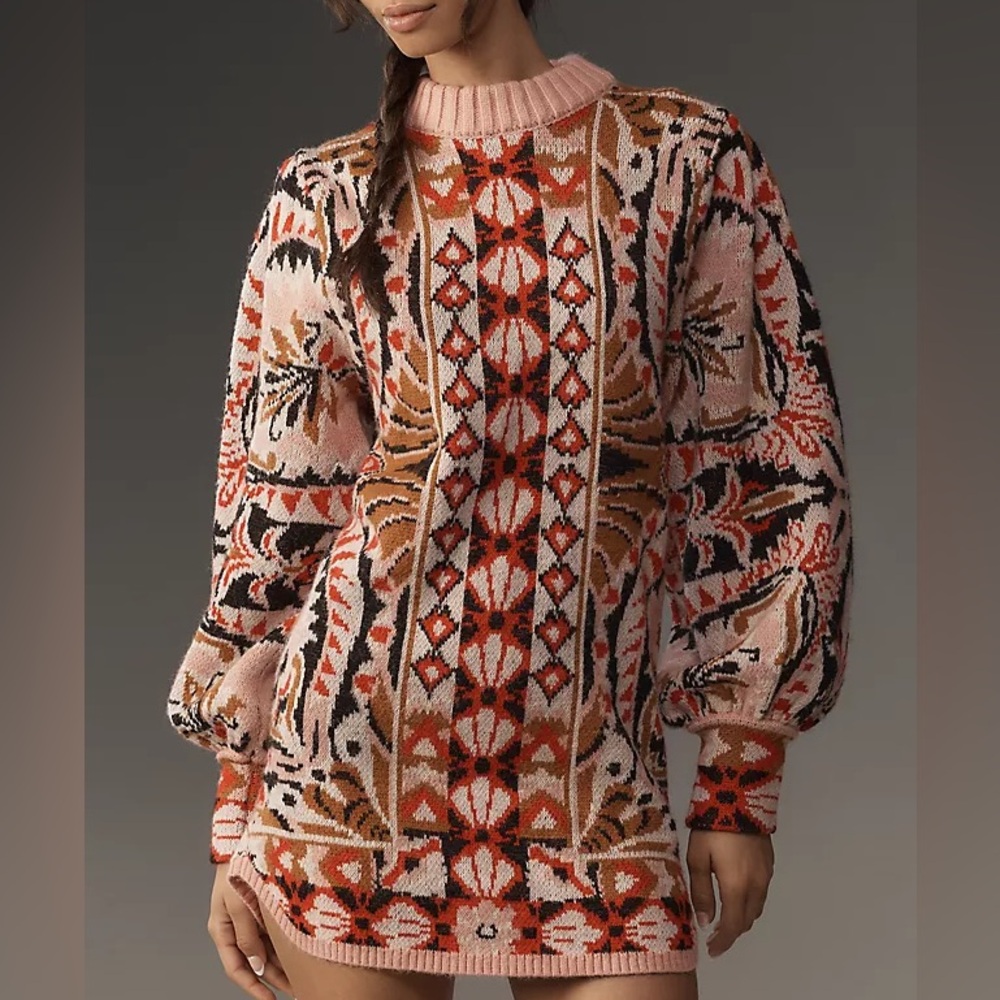 Farm Rio Long Sleeve Knit Mini Patterned Sweater Dress Size XS